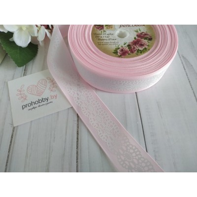 Лента репсовая 25 мм "Кружево на светло-розовом"